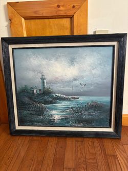Original Signed Everett Woodson Oil Painting – Vintage Framed Lighthouse Coastal Scene