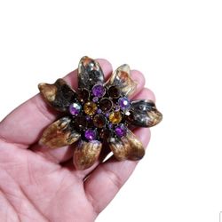 Vintage Gold Toned Enamel Purple Amber Gem Flower Pin