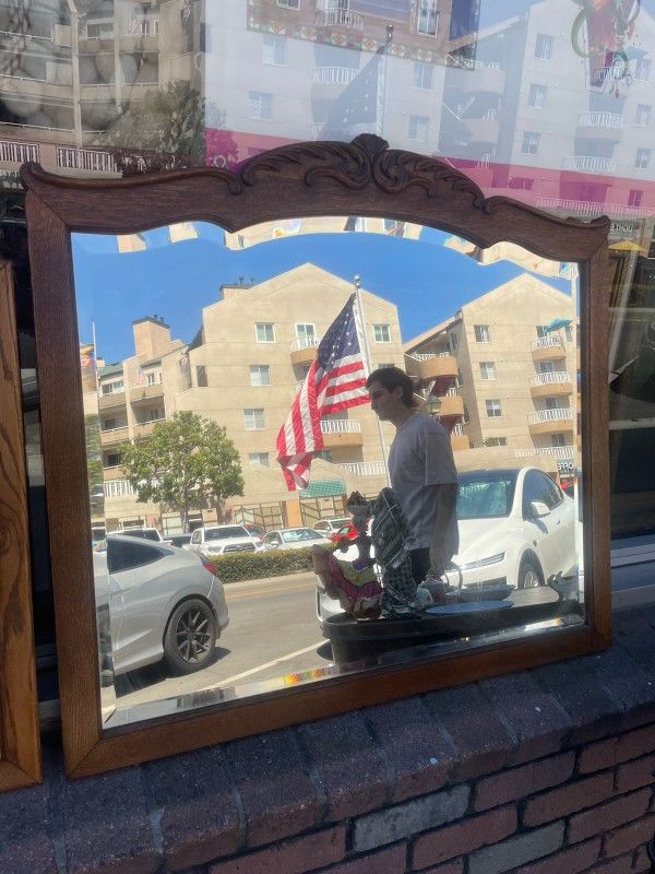 Antique Beveled Oak Mirror 37 By 34