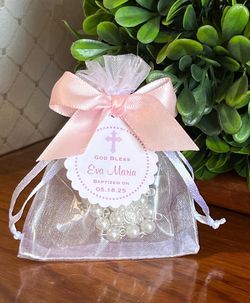 Pink Girl BAPTISM CHRISTENING rosary in organza bag favors gift