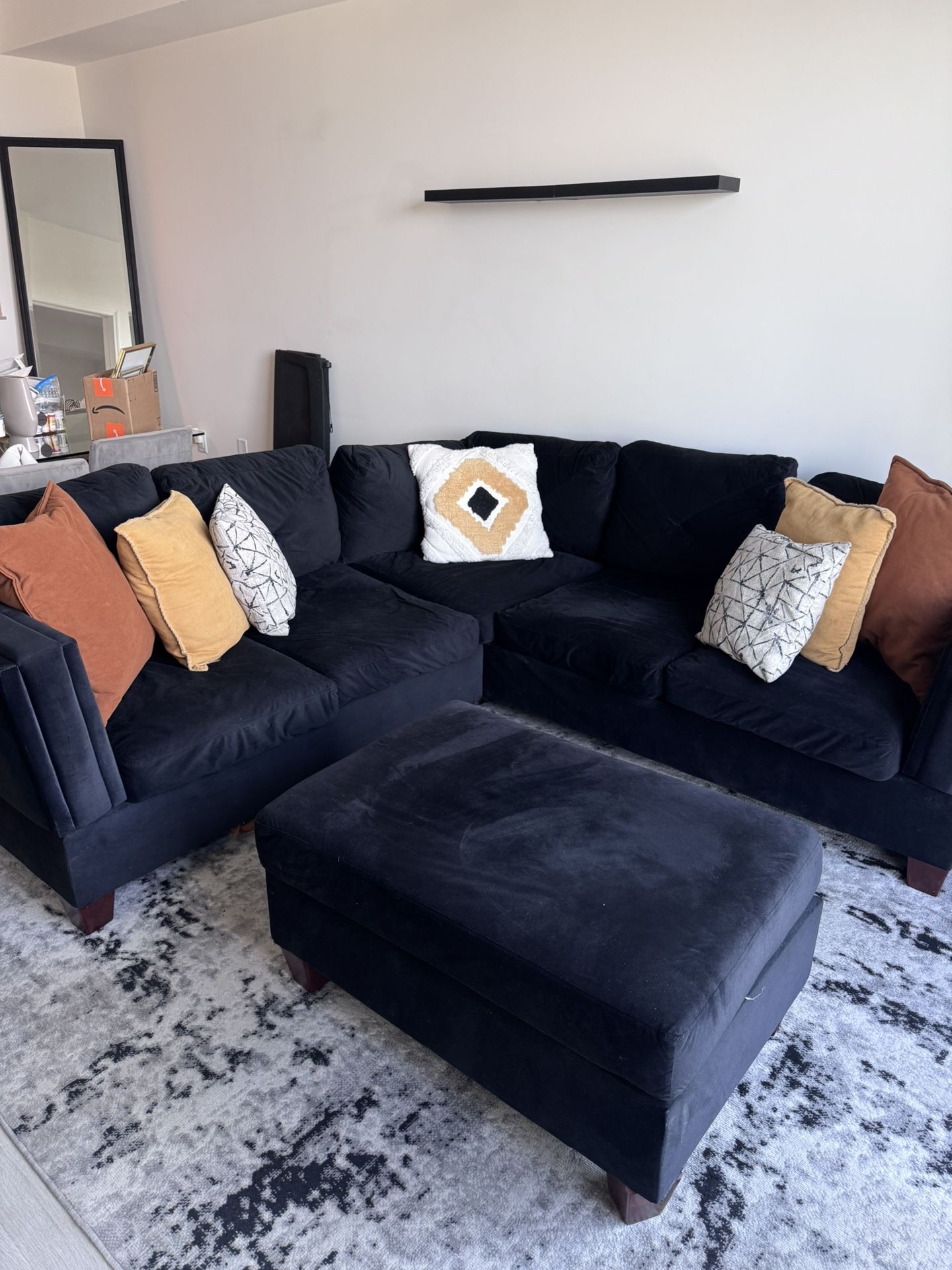 Black Velvet Sectional Sofa with Ottoman
