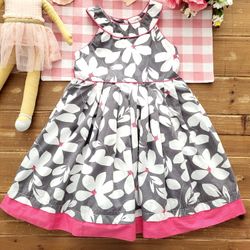 5T GRAY & FUSCHIA WHITE FLORAL HALTER FIT & FLAIR COTTON DRESS