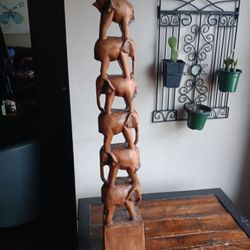 32" Vintage Large Hand Carved Wooden Elephant Tower Art Decor 