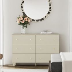 Dresser with 6 Drawers for Bedroom, Wooden Kids Dressers with Wide Chest of Drawers, Beige Modern Closet Storage Organizer Furniture with Solid Wood L