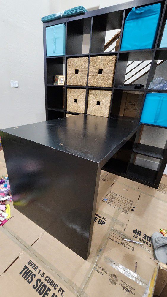 Ikea Expedit 5x5 And 4x4 Black Bookshelves, 2 Attached Desks, Bins