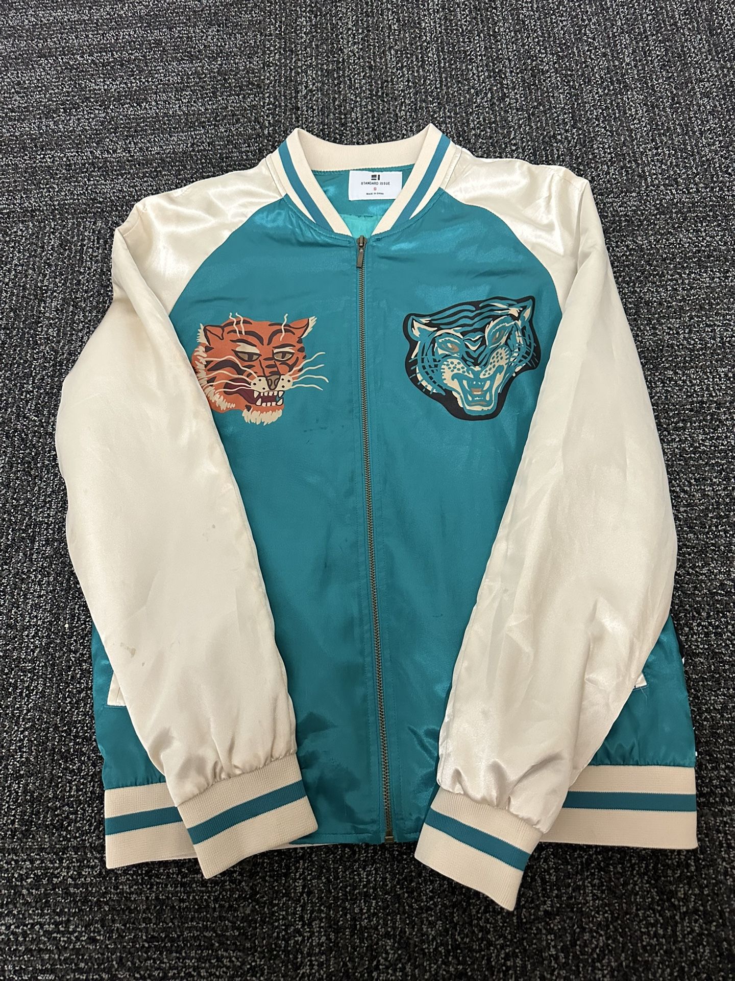 Standard Issue Brand Satin Tiger Jacket With Waves And Cherry Blossoms On Back