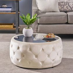 Upholstered Ottoman with Button Tufted Diamond Stitch and Tempered Glass Top In Beige