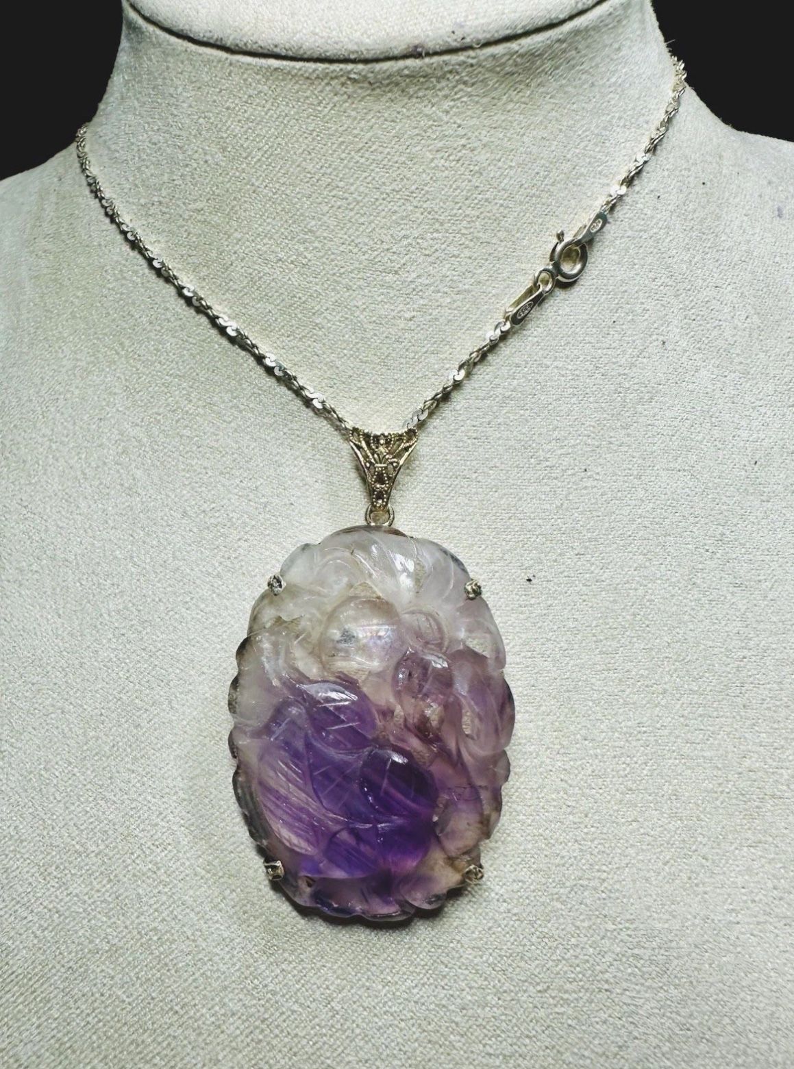 FREE SHIPPING! ANTIQUE ART DECO CARVED AMETHYST PENDANT 925 SILVER NECKLACE 16” #270