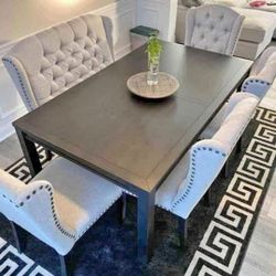 Brand New 🔥 Black Table, Linen Chairs And Bench🧩6 Piece Dining Package 