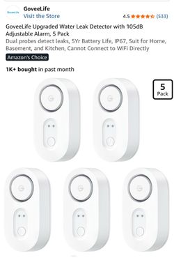 GoveeLife Upgraded Water Leak Detector with 105dB Adjustable Alarm, 5 Pack Dual probes detect leaks, 5Yr Battery Life, IP67, Suit for Home, Basement, 