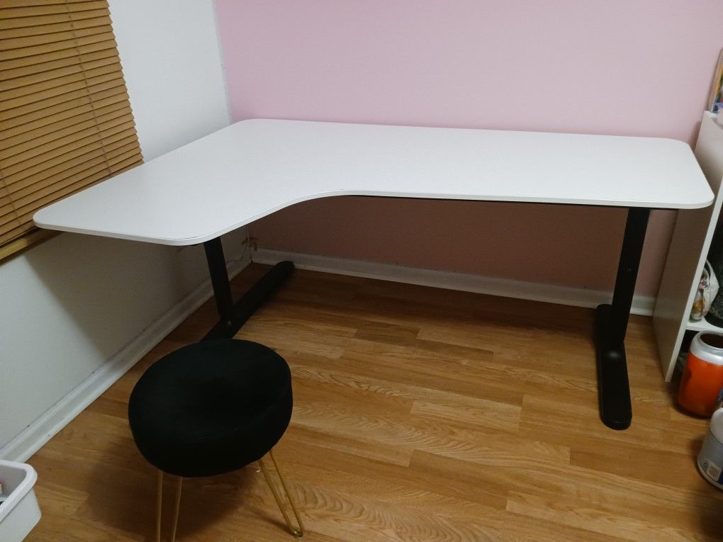 L-Shaped White Corner Desk — 63" x 43.5" — Sturdy, Good Condition