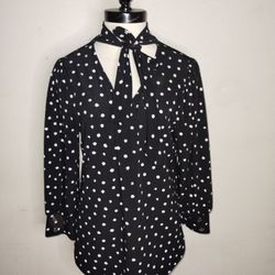 Adrienne Vittadini Womens Blouse Shirt Black & White Polka Dot 3/4 Sleeves Large