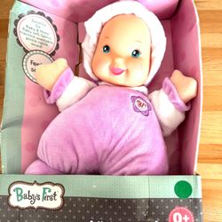 GOLDBERGER BABYS FIRST MINKY SO SOFT PURPLE 11.5" BABY DOLL WASHABLE RATTLE NIB