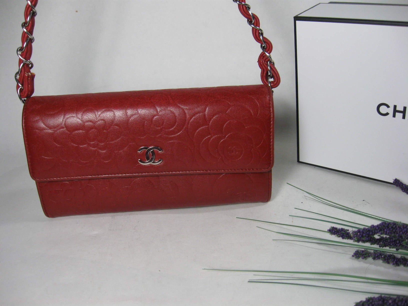 Chanel Red Floral Lambskin Leather CC Long Flap Bag Wallet