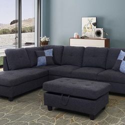 Black Gray Sectional Couch Ottoman Fabric Linen 