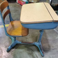 Vintage Child's School Desk BLUE Cast Iron Swivel Chair & Adjustable Desk Top KY