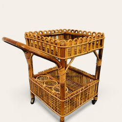 Vintage 1960s Bohemian Trolley Bar Cart Made of Bamboo, Wicker, and Rattan