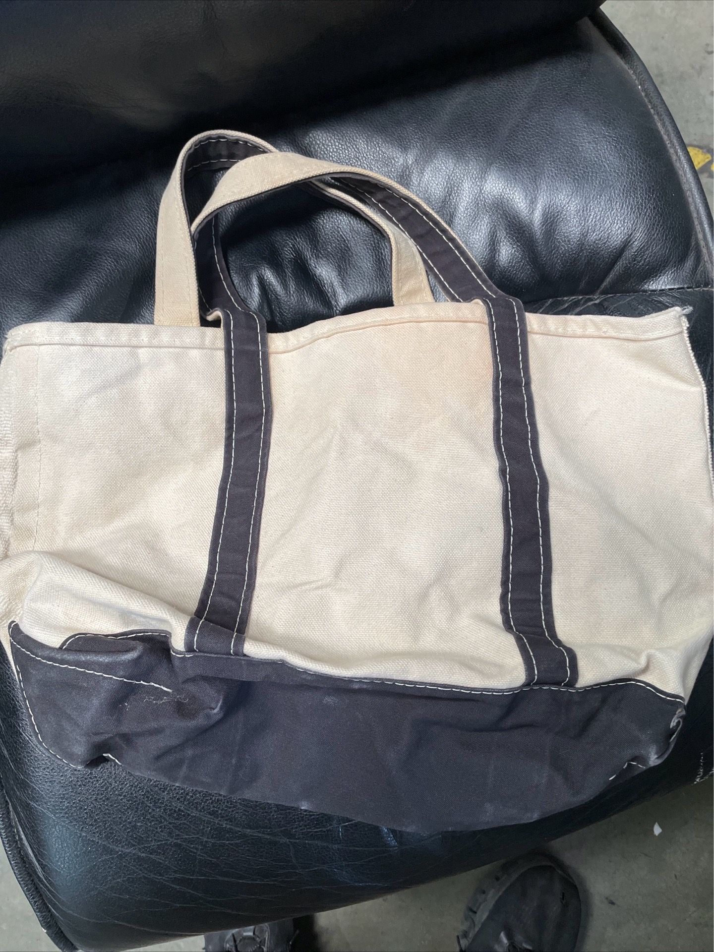 LL Bean Boat & Tote Bag Black Cream Canvas Vintage 90s Medium