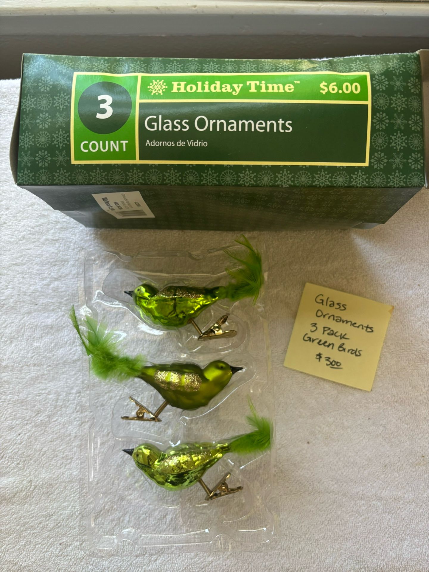 3 Pack Of Green Glass Bird Ornaments