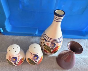 Hand-painted ceramic salt and pepper shakers and bud vases