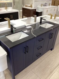 60” double vanity, pvc, navy blue, black Quartz top, available for pick up