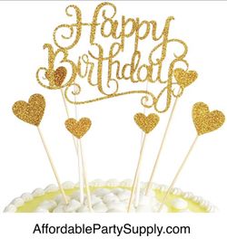 Gold Glitter Happy Birthday Topper And Heart Decorations