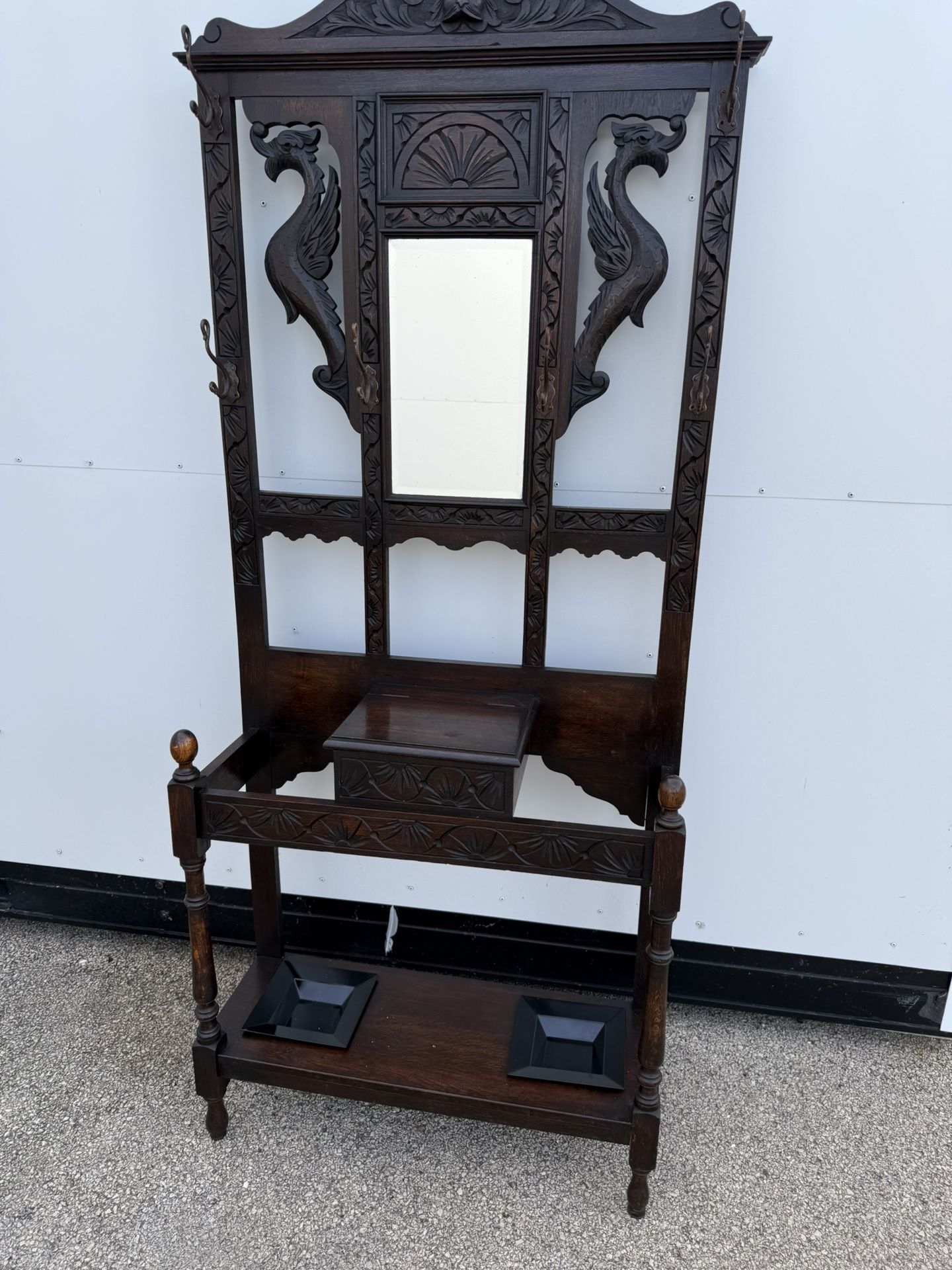 Antique Victorian Gothic Late 1800s Carved Oak Green Man and Dragon Hall Tree