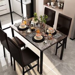 Marble-Top Dining Table Set with 4 Chairs