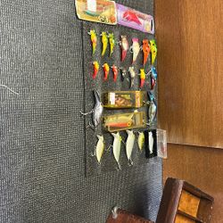 Vintage Fishing Gear And Lures With Wood Box