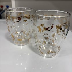 STARBUCKS - BODUM - GOLD FLECK GLASS MOUTH BLOWN DOUBLE WALL TUMBLER 12 OZ