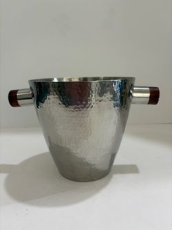 Max Studio Home Hammered Stainless Steel Ice Bucket Wood Accent Handles 6"