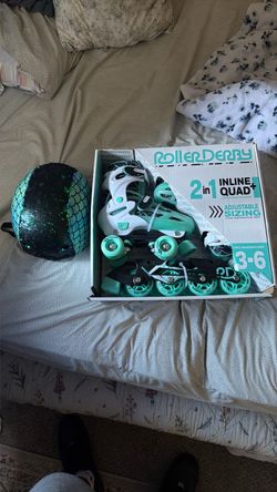 Roller Derby Mint Prodigy Kids' Adjustable Inline-Quad Combo Skates and Mermaid Flip helmet