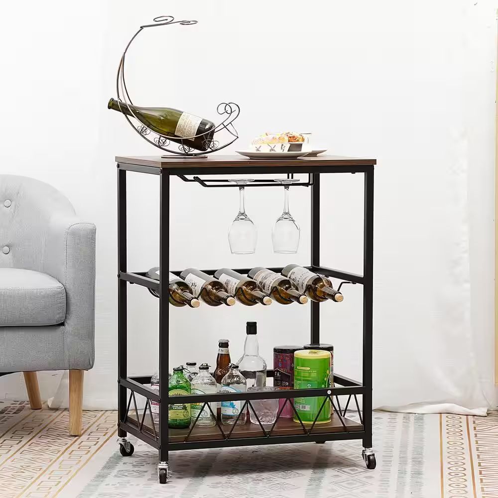 Brown Kitchen Bar Serving Cart with Wheels with Wine Rack and Glass Holder