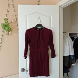 Burgundy Pleated Long Sleeve Mini Dress Button Front Elegant Casual Dress