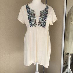 Umgee Ivory Aztec Pattern V-Neck Short Sleeve Tunic Top