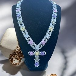 18k White Gold Plated Flower Cross Chain 