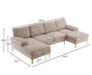 U-Shaped Sectional Sofa with Double Chaise – Beige Chenille, Gold Legs