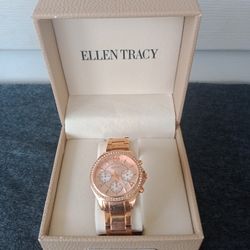 Ellen Tracy Womens Golden Dial Analog Chain Watch With Diamond Rim