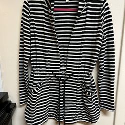 Loft- Black White Striped Open/Tie Terry Cardigan Jacket/Size Small-Could Fit A Medium