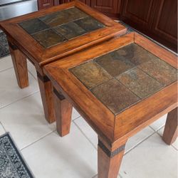 2 Heavy Wood And Tile End Tables
