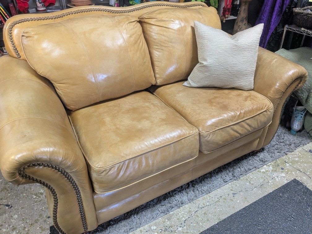 Camel Colored Leather Loveseat With Studded Detail