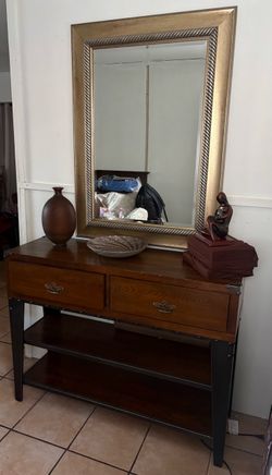 Gold Framed Wall Mirror, Regular Glass with cabinet included and decor on top as well!