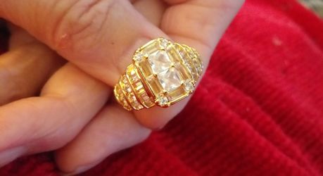 Size 7 Square Baguette & Rounds Statement Ring Sterling w/18k Yellow Gold