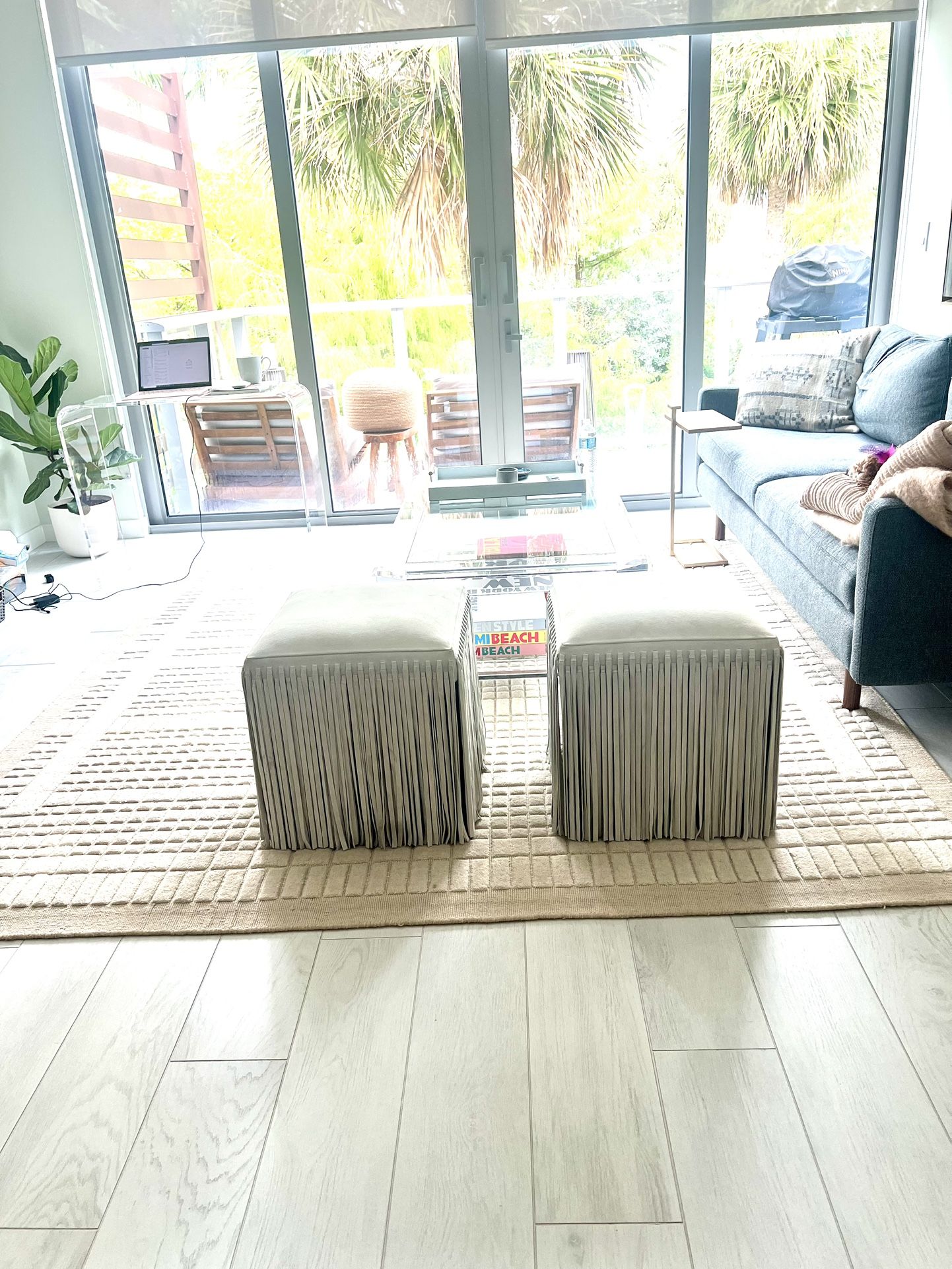 Light Gray Suede Fringe Stools / Ottomans (pair)