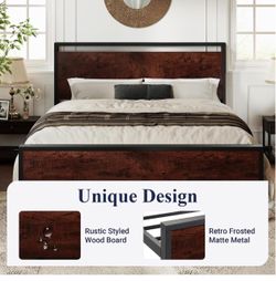 Queen Size Bed Frame, Heavy Duty 12 Metal Slats Support, Mahogany Wooden Headboard and Footboard, Modern Platform Bed, No Box Spring Needed, Under-Bed