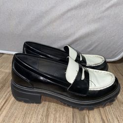 Chunky Heel Black & White Penny Loafers