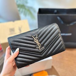 YSL Black Caviar Chevron Envelope Wallet, Silver Logo Leather Chain Crossbody Card Holder Clutch Purse
