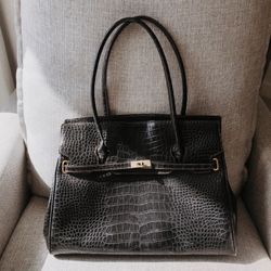 Estate Sale Black Crocodile Purse with Versace Looking Lining. Birkin Dupe!