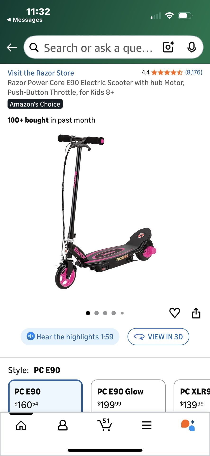 Razor Power Core E90 Electric Scooter with hub Motor, Push-Button Throttle, for Kids 8+