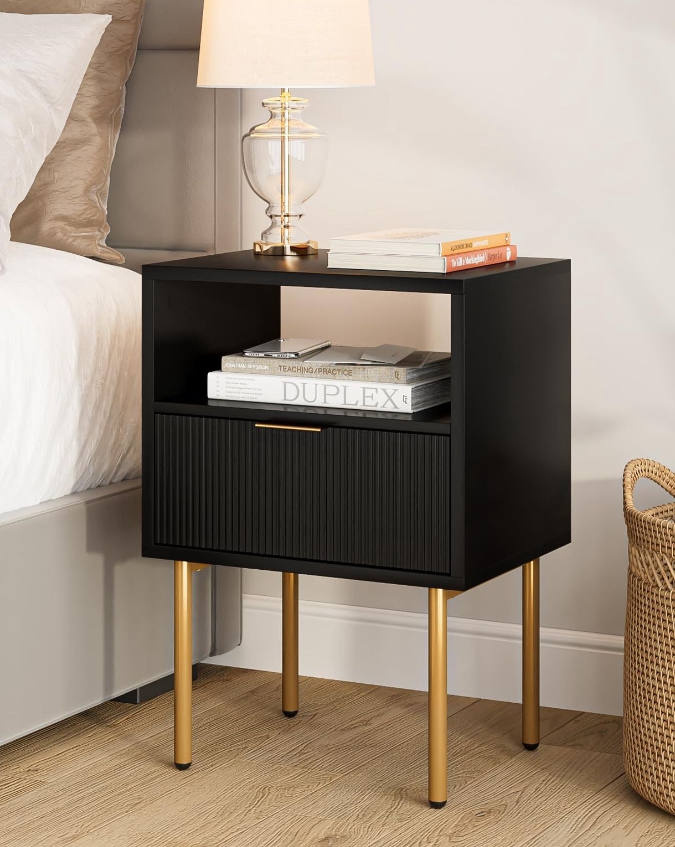 2 Mid-Century Modern Bedside Table with Storage Drawer and Open Wood Shelf